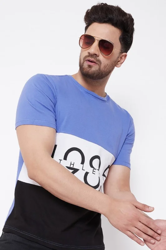 men's bold t-shirts-Blue/White/Black Printed Men's Half Sleeves Round Neck T-Shirt