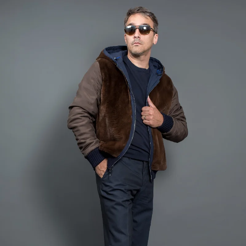 men's warm jackets-Sheared mink and fabric reversible fur Jacket