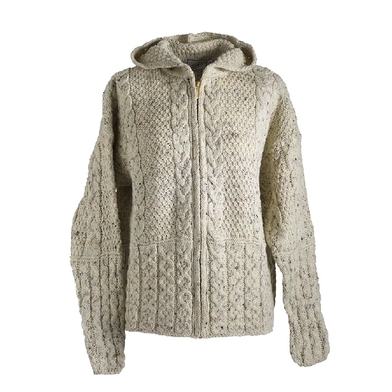 men's smooth sweaters-Hooded Zip Aran Cardigan Oatmeal