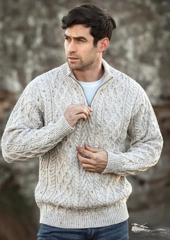 men's crew neck sweaters-Aran Crafts Men's Half Zip Sweater | Oatmeal