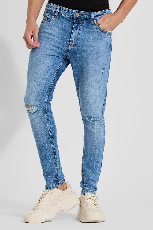 men's streetwear pants-Blue Distressed Skinny Fit Jeans