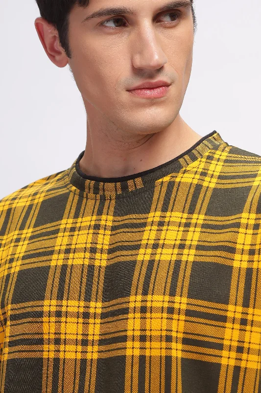 men's novelty t-shirts-Mustard Check Oversized Printed T-Shirt