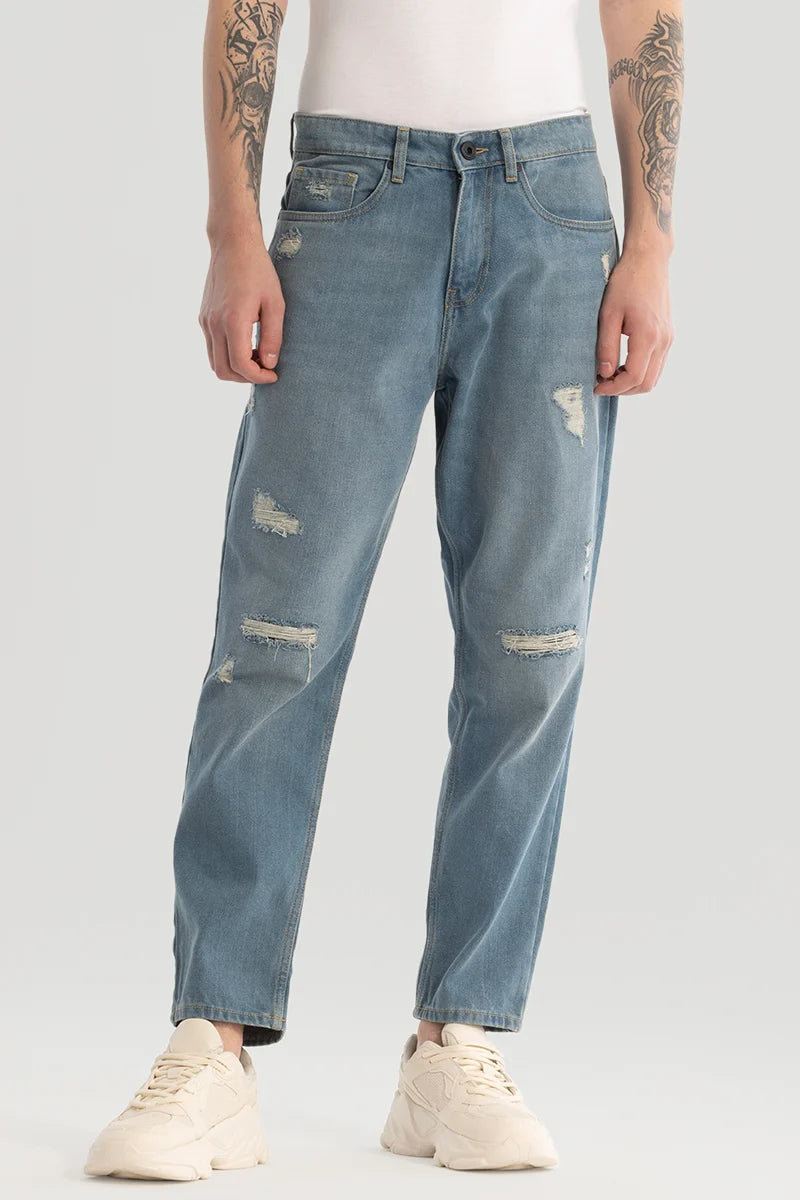 men's relaxed fit pants-Blue Distressed Baggy Fit Jeans