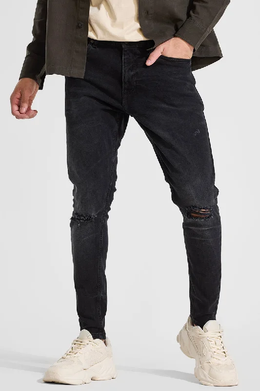 men's dress pants-Black Distressed Skinny Fit Jeans