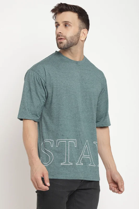 men's affordable t-shirts-Oversized Green Melange "Stay" T-Shirt