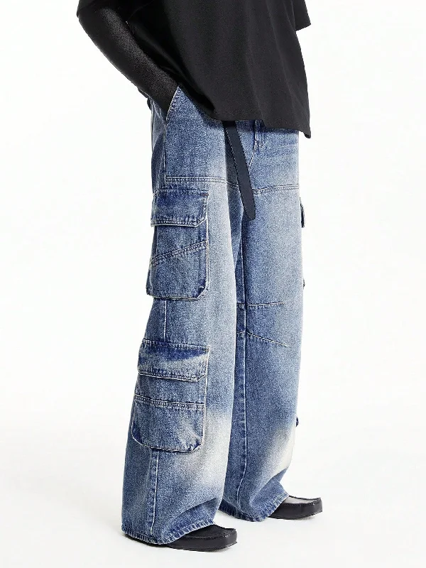 men's neutral color trousers-Blue Surge Wide Leg Cargo Jeans