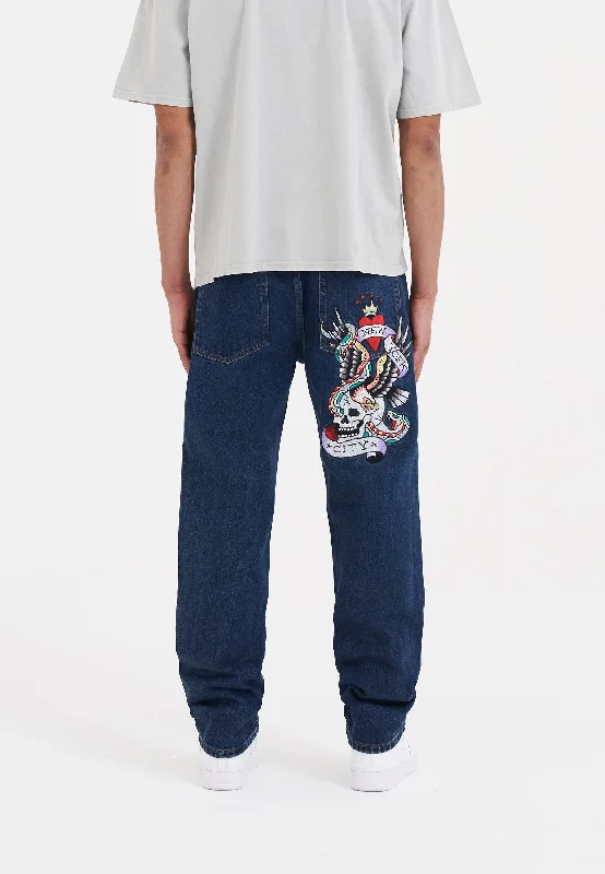 men's straight leg pants-Mens Nyc-Skull Tattoo Graphic Denim Trousers Jeans - Indigo