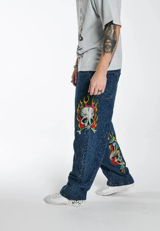 men's bootcut jeans-Mens Skull-Snake-Dagger Tattoo Graphic Denim Trousers Jeans - Indigo