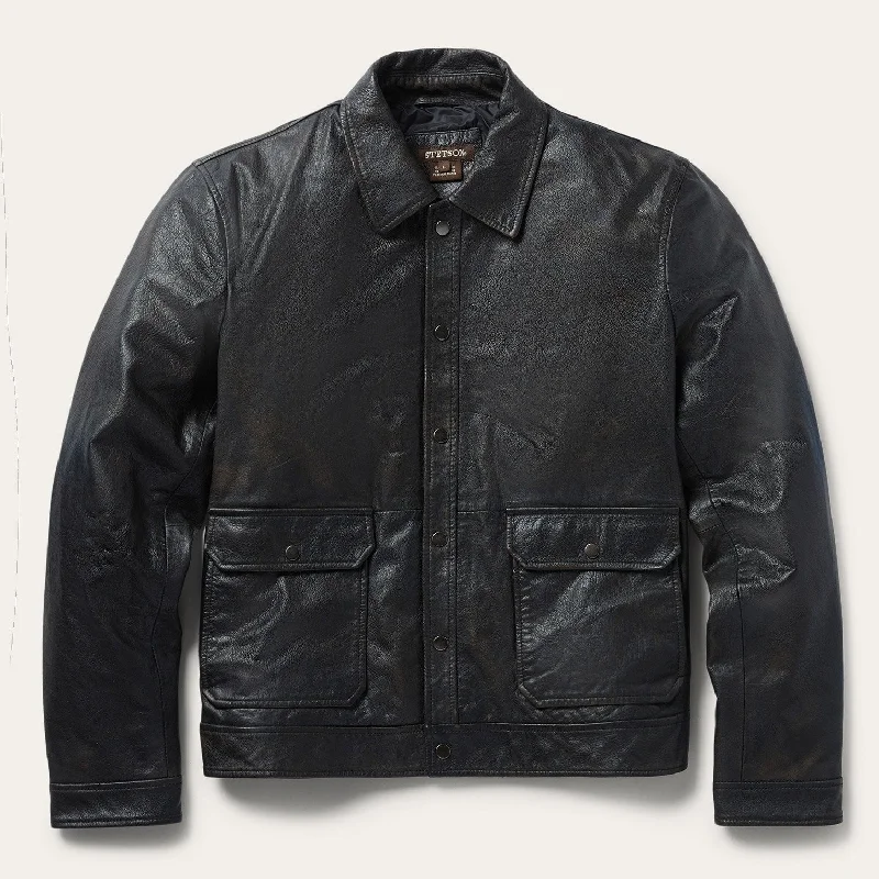 men's comfortable jackets-Snap Front Leather Jacket