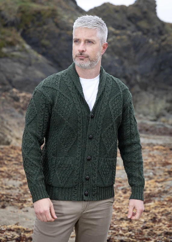 men's cotton sweaters-Aran Men's Shawl Button Cardigan | Army Green