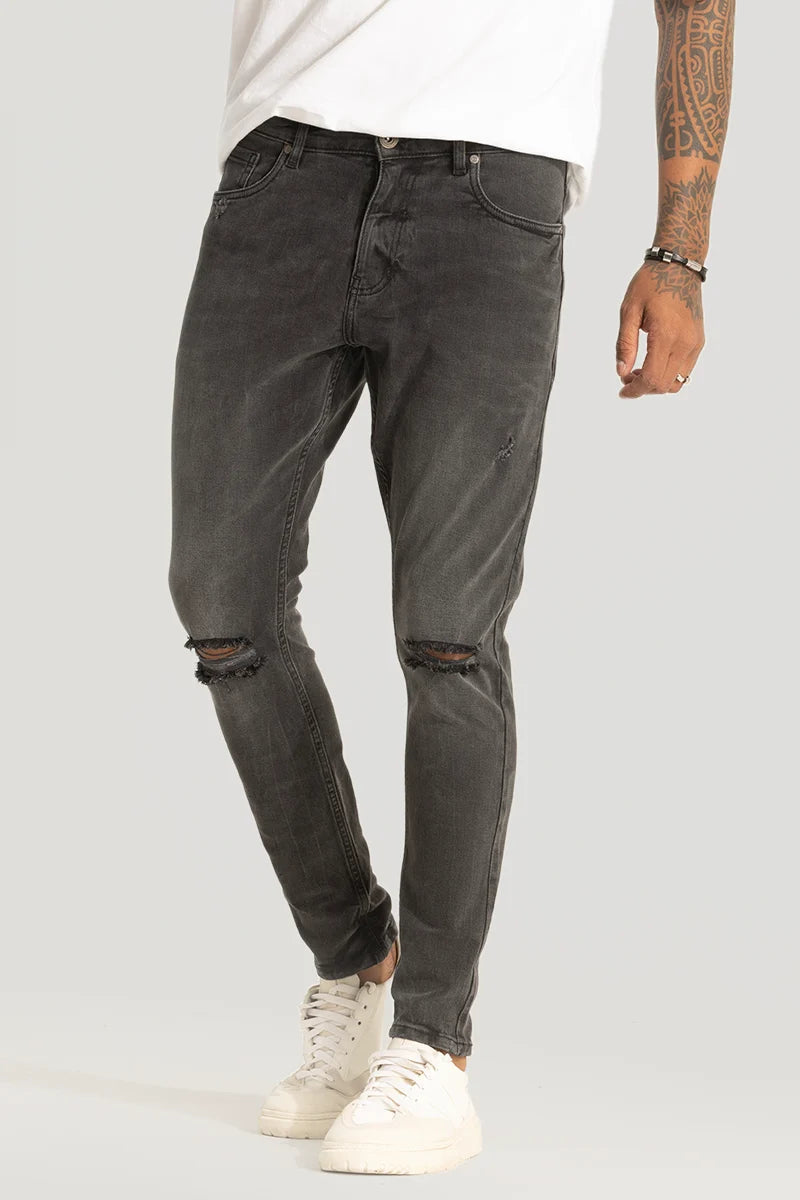 men's pleated trousers-Grey Distressed Skinny Fit Jeans