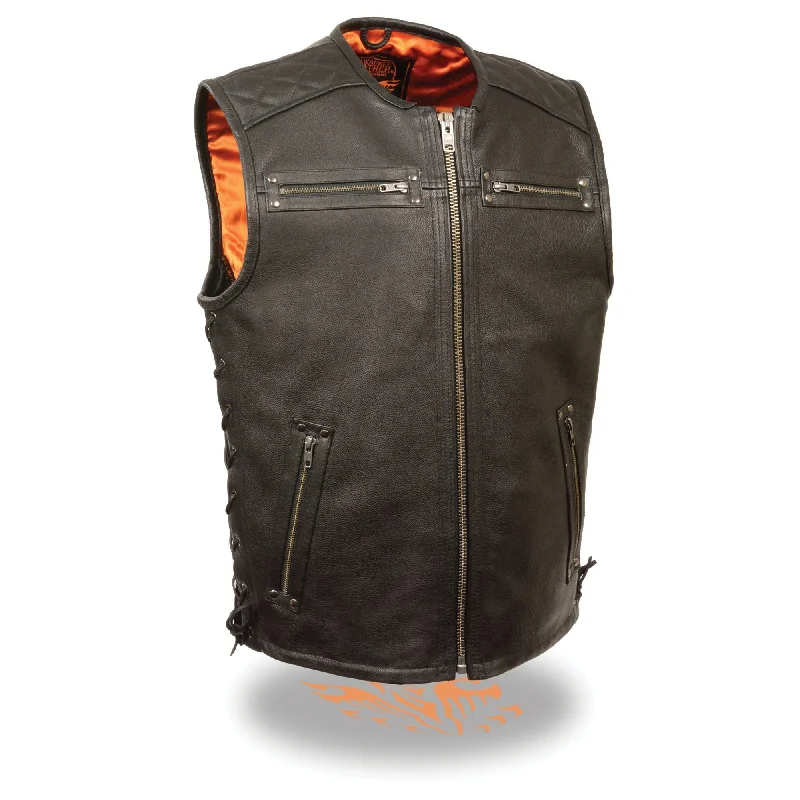 men's neutral color vests-Milwaukee Leather MLM3551 Men's Black Zipper Front Full Side Lace Leather Vest