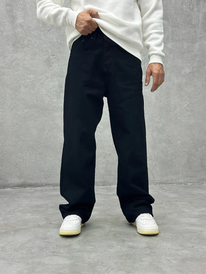 men's performance trousers-Pure Black Baggy Fit Rigid Jeans