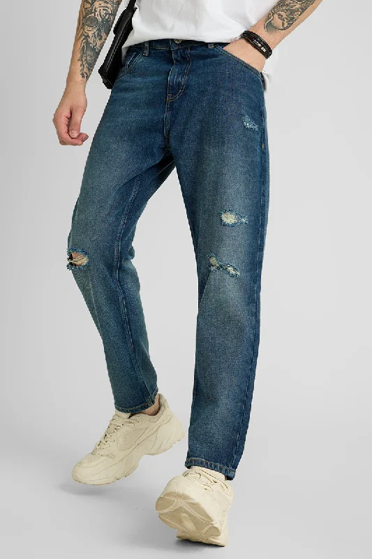 men's performance trousers-Dark Blue Distressed Baggy Fit Jeans