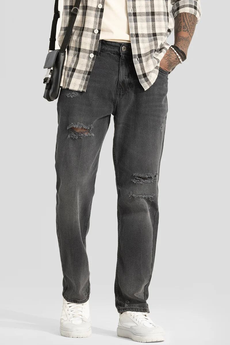 men's comfortable trousers-Charcoal Grey Distressed Relaxed Fit Jeans