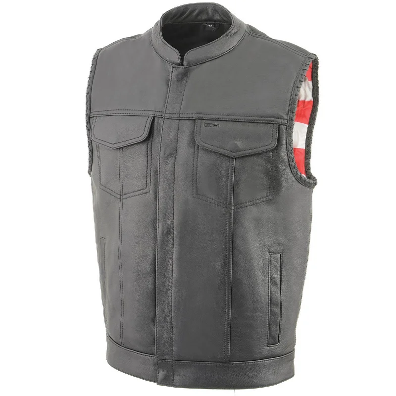 men's multi-pocket vests-Milwaukee Leather MLM3508 Men's Black Premium Leather Vest - Old Glory Laced Armholes Black Stitching Club Style Vest