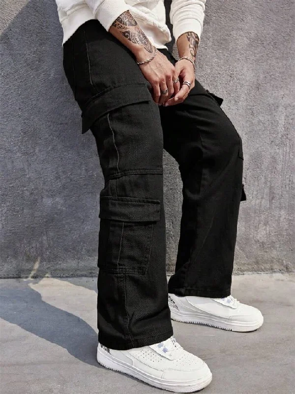 men's activewear pants-Carbon Black Men Baggy Fit Cargo