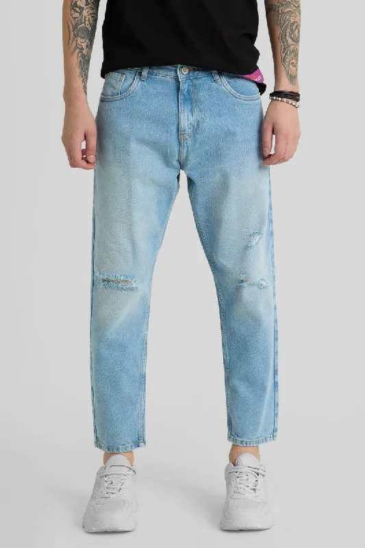 men's sun protection trousers-Light Blue Distressed Baggy Fit Jeans