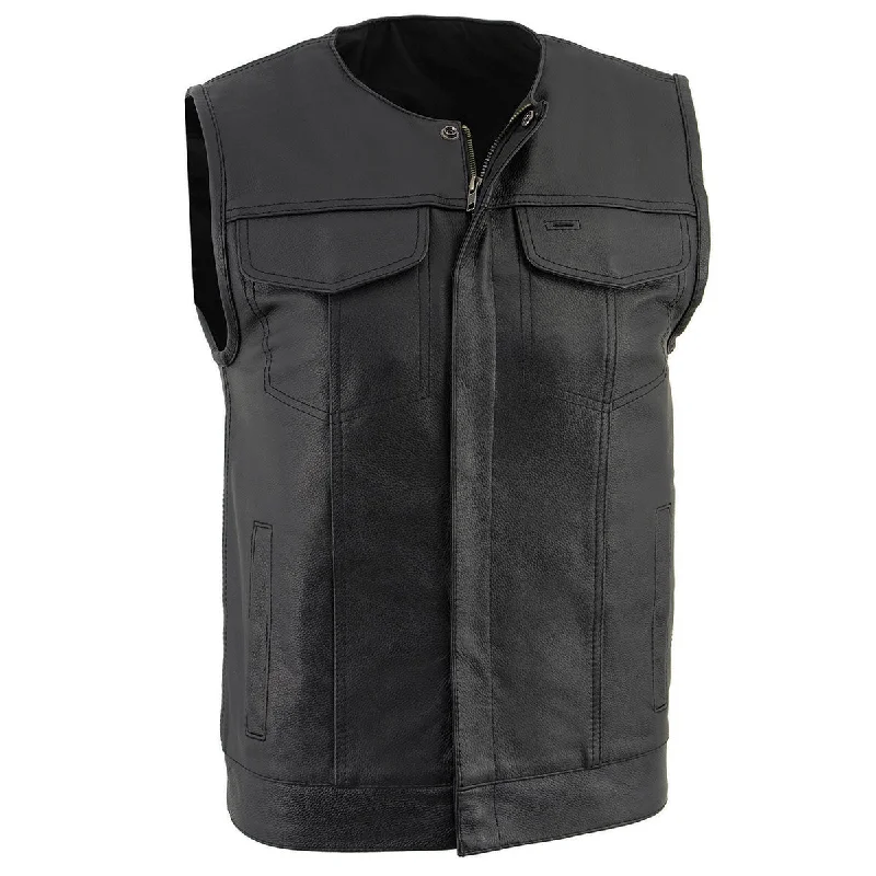 men's sun protection vests-Milwaukee Leather LKM3711 Men's Black Leather Collarless Club Style Motorcycle Rider Vest w/ Dual Front Closure