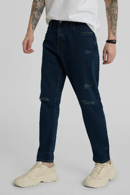 men's event trousers-Navy Distressed Baggy Fit Jeans