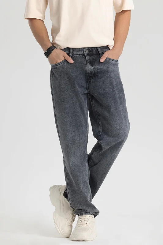 men's wide leg trousers-Light Grey Plain Relaxed Fit Jeans