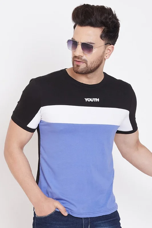 men's funky t-shirts-Black/White/Blue Printed Men's Half Sleeves Round Neck T-Shirt