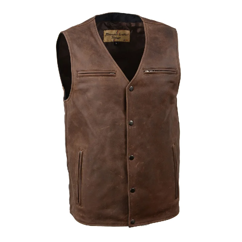 men's durable vests-Milwaukee Leather MLM3518 Men's Gambler Snap Front Vintage Crazy Horse Brown Motorcycle Leather Vest