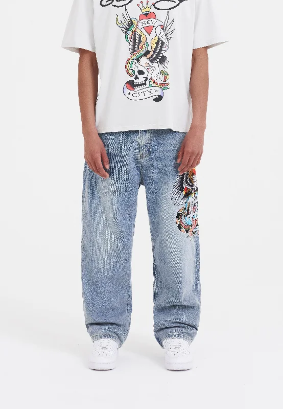 men's slim fit pants-Mens Skull-Snake-Eagle Tattoo Graphic Denim Trousers Baggy Jeans - Bleach