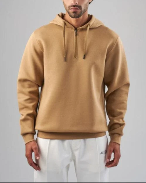 men's affordable sweatshirts-Half-Zip Hoodie   - BEIGE