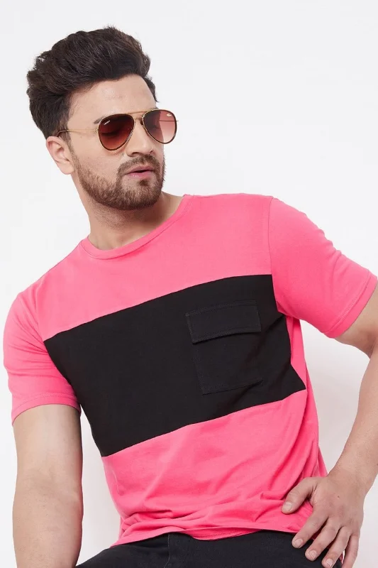 men's all-season t-shirts-Pink/Black Men's Half Sleeves Round Neck T-Shirt