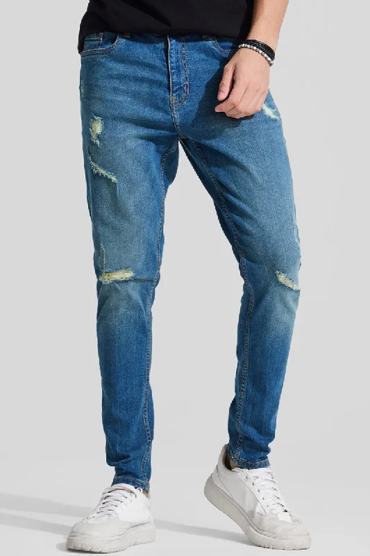 men's business casual trousers-Blue Distressed Skinny Fit Jeans