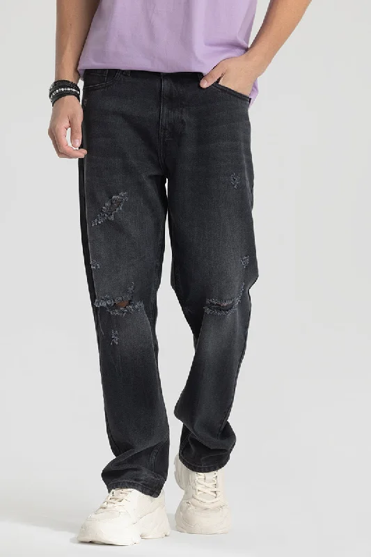 men's regular fit trousers-Dark Grey Distressed Relaxed Fit Jeans