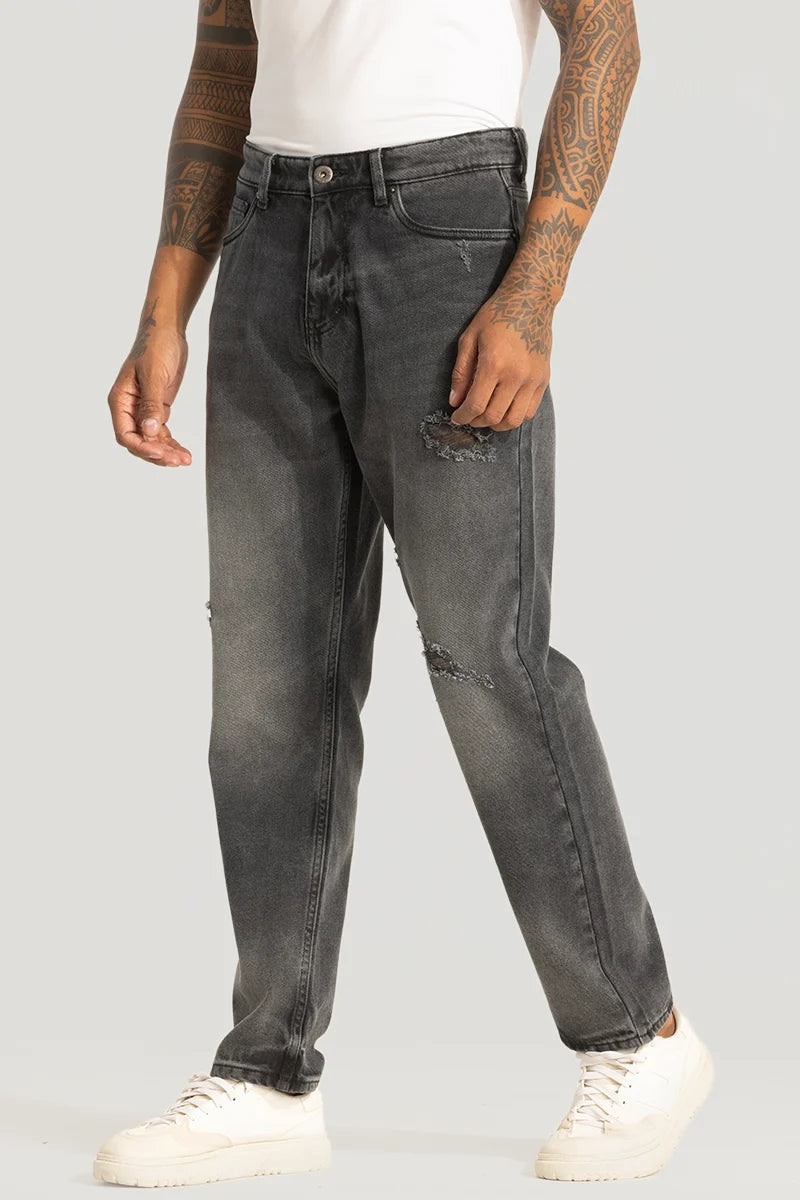 men's modern pants-Grey Distressed Relaxed Fit Jeans