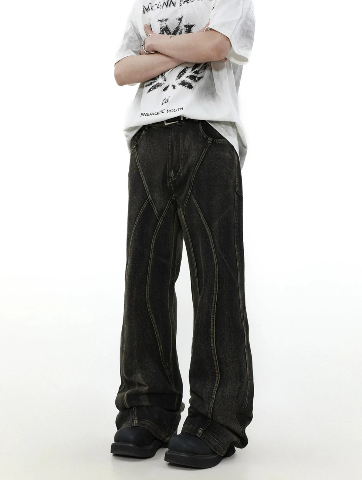 men's sport trousers-Straight-Leg Washed Denim Jeans with Contrast Stitching