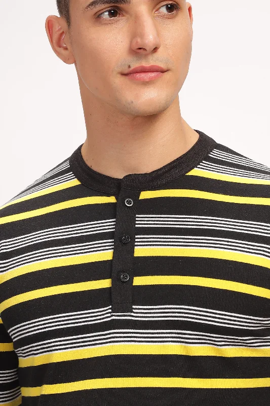 men's tie-dye t-shirts-Black Striped Henley Neck T-Shirt