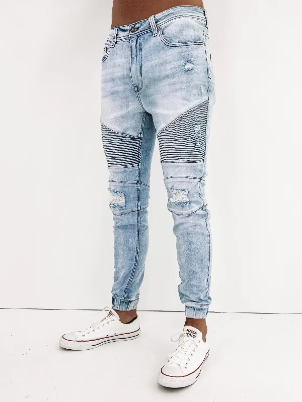 men's tapered jeans-Strung Out Moto Cuffed Jean Demo Blue