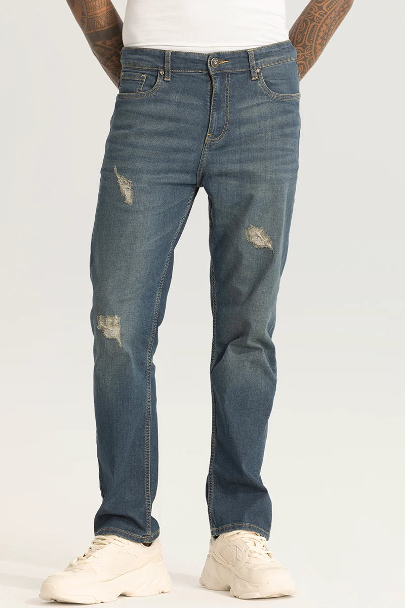 men's sustainable trousers-Blue Distressed Comfort Fit Jeans