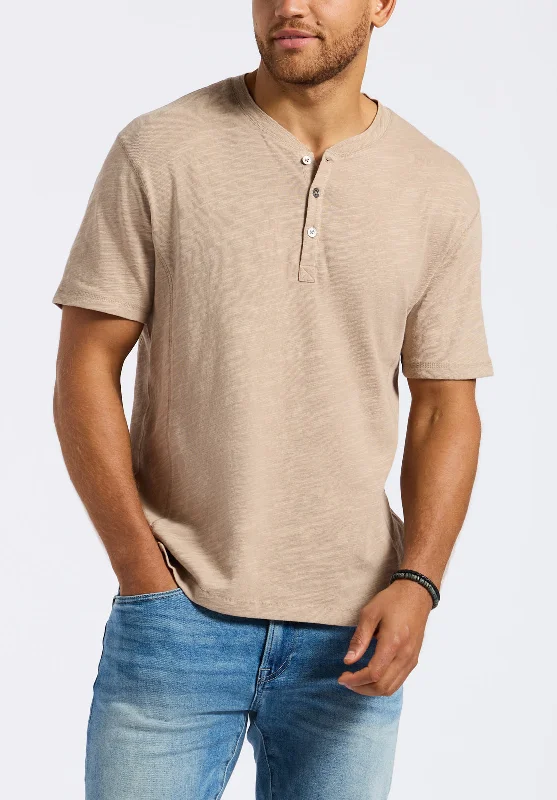 men's patterned t-shirts-Kandido Men's Short Sleeve Slub Jersey Relaxed Henley Top, Tuffet Beige - BM24605