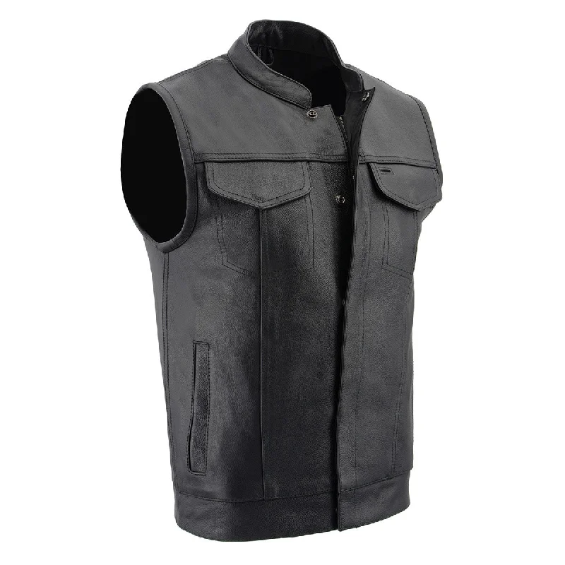 men's premium vests-Milwaukee Leather LKM3713 Men's Black Leather Club Style Motorcycle Rider Vest W/ Dual Closure Zipper and Snaps