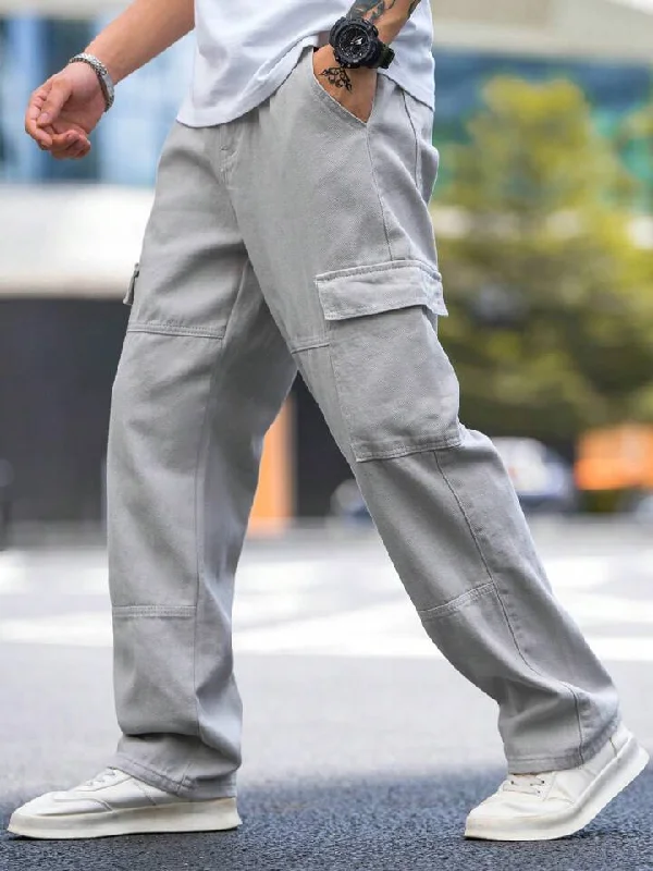 men's lounge pants-Moonstone Grey Flap Pocket Side Cargo Jeans