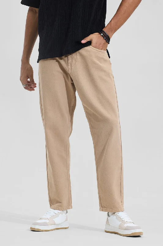 men's event trousers-Beige Mid Rise Baggy Fit Jeans