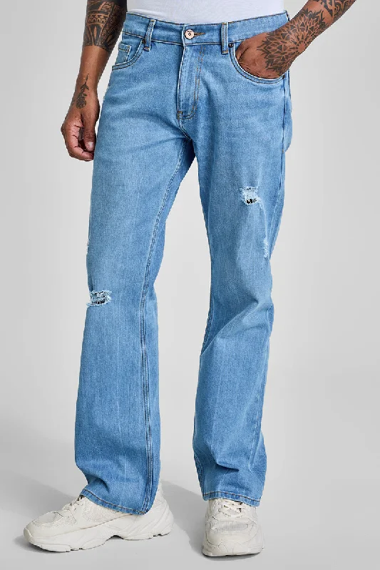 men's urban trousers-Light Blue Distressed Bootcut Jeans