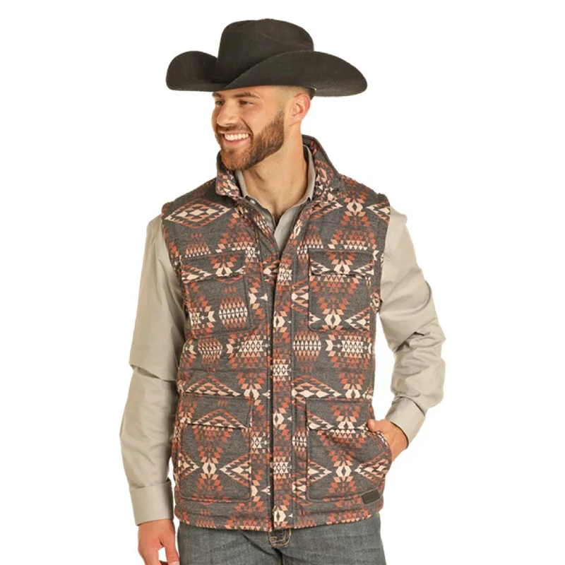 men's slim fit vests-Rock & Roll Men's Brown Aztec Puffer Vest