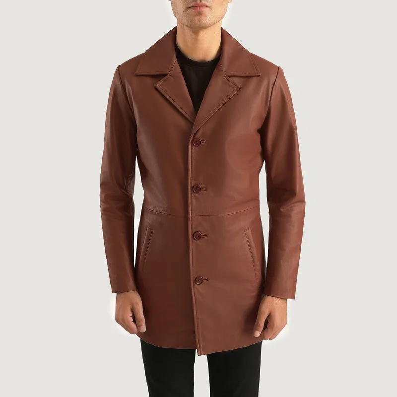 men's trench coats-Classmith Brown Leather Coat