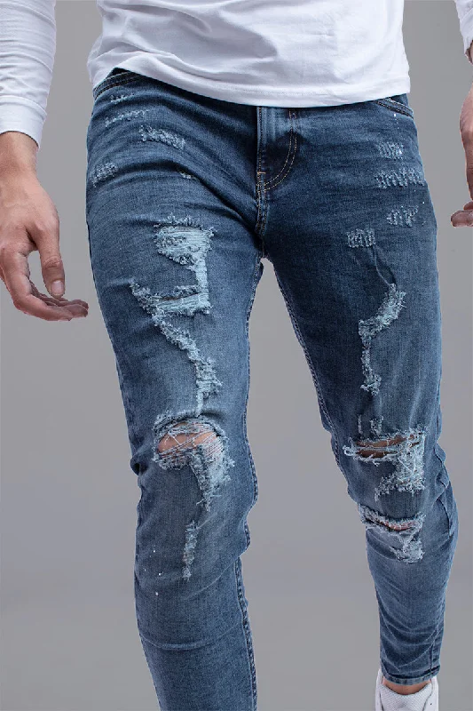 men's business pants-Anguish Marine Blue Distressed Denim