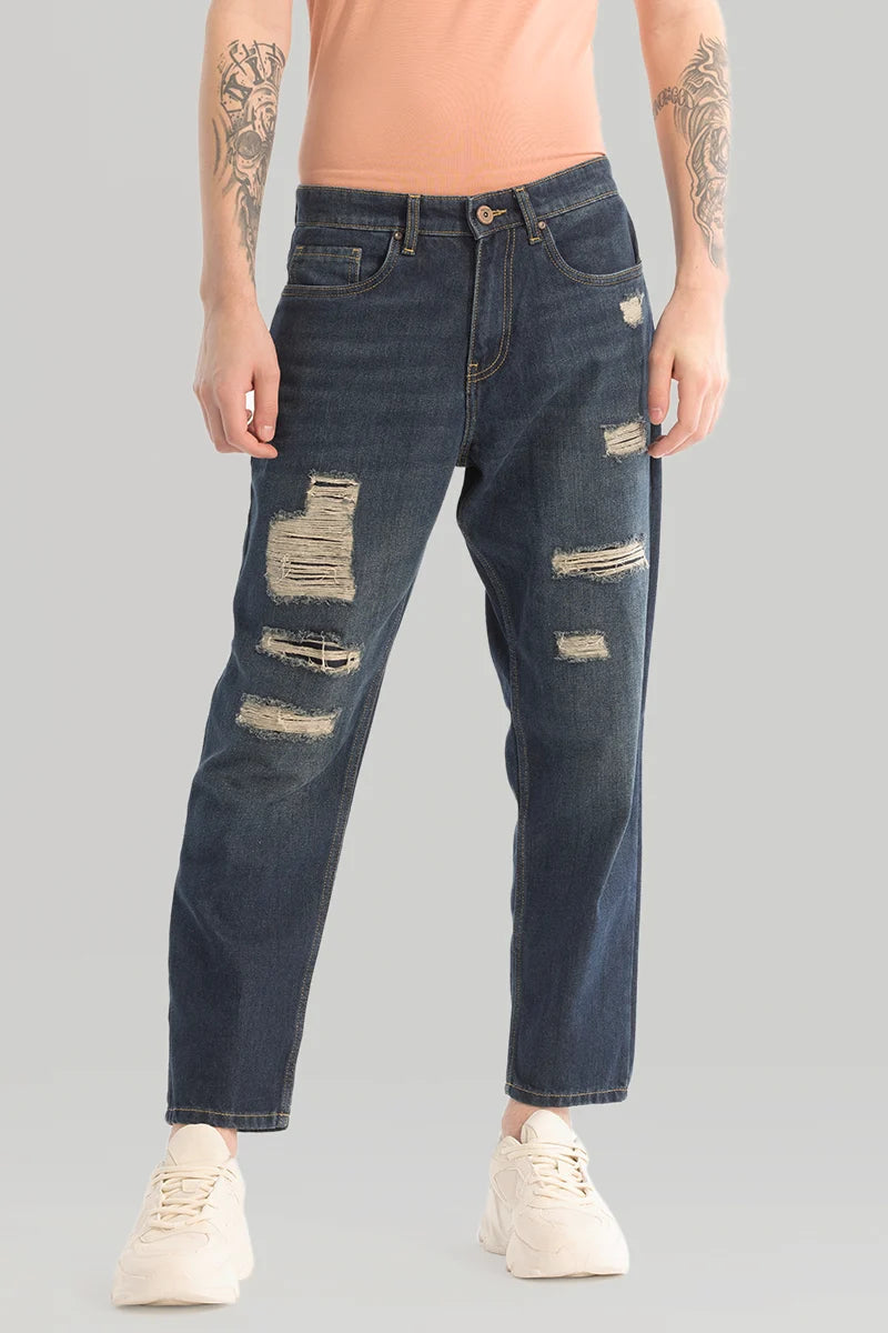 men's drawstring pants-Dark Blue Distressed Baggy Fit Jeans