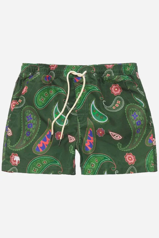 men's cargo shorts-OAS Green Paisley Swim Trunks