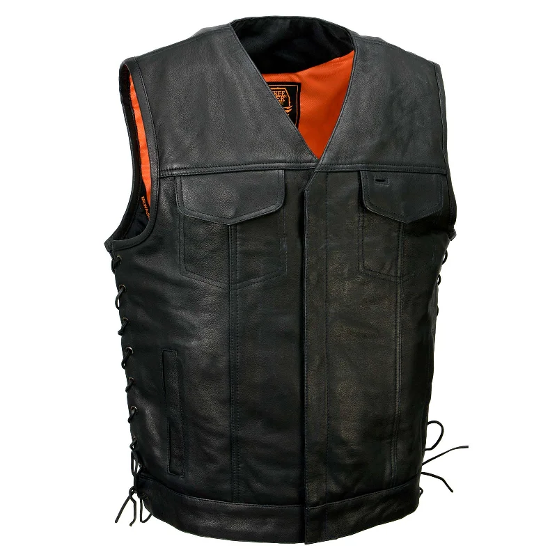 men's all-season vests-Milwaukee Leather MLM3504 Men's Black 'Pursuit' V Neck Club Style Motorcycle Leather Vest with Adjustable Side Laces