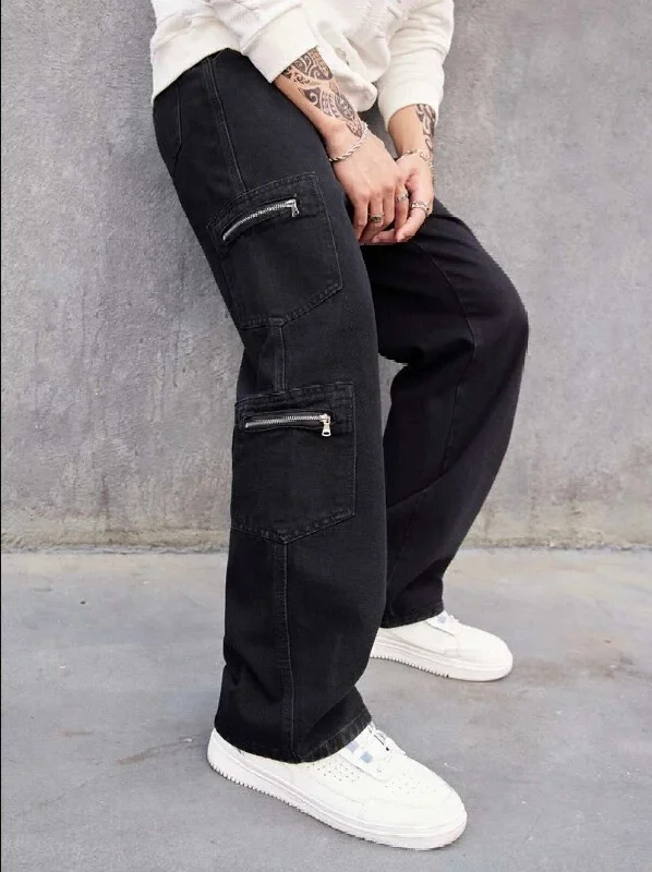 men's hiking pants-So Gangsta Zipper Pocket Black Men Cargo