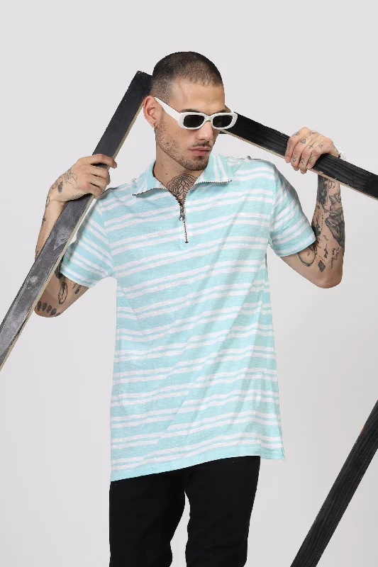 men's graphic print t-shirts-Turquoise Blue Striper Zipper T-Shirt